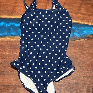 Lands' End Navy Blue Polka Dot One-Piece Swimsuit